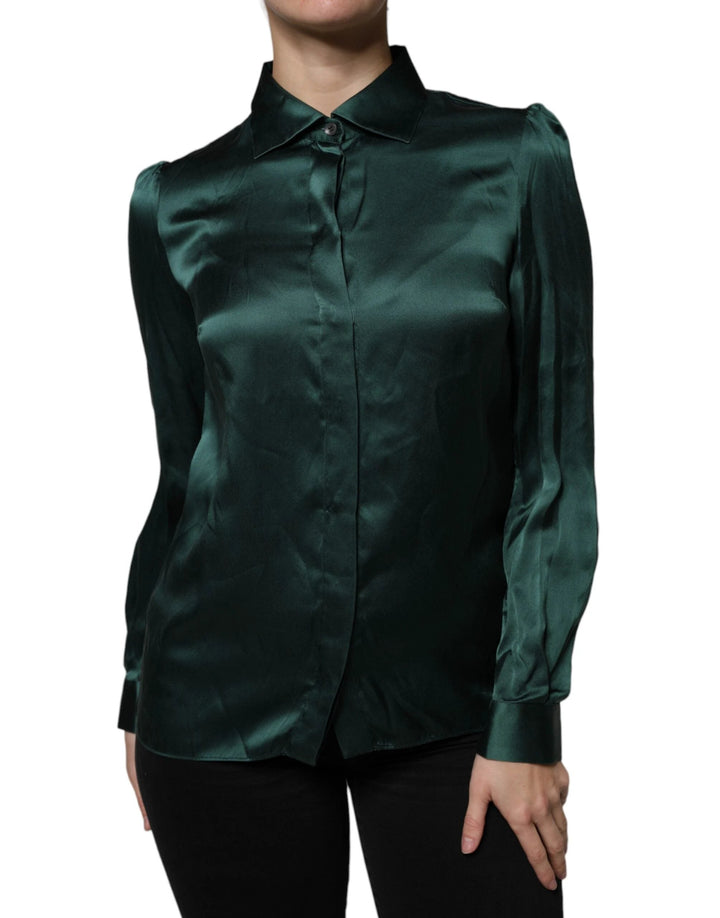 Dolce &amp; Gabbana Dark Green Silk Button Down Long Sleeves Blouse Top by Dolce &amp; Gabbana outlet now on sale