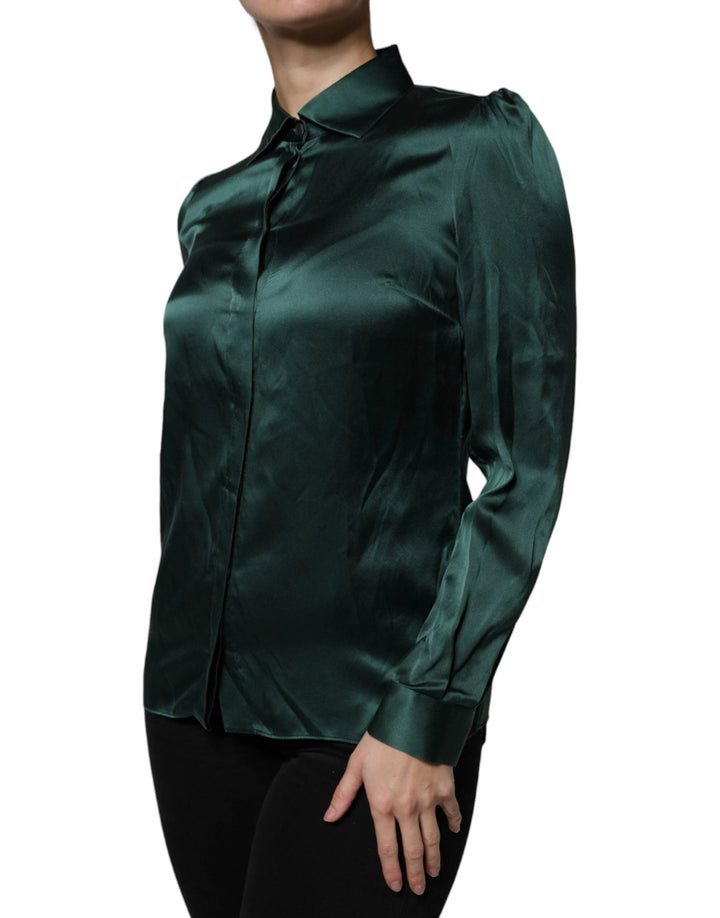 Dolce &amp; Gabbana Dark Green Silk Button Down Long Sleeves Blouse Top by Dolce &amp; Gabbana outlet now on sale