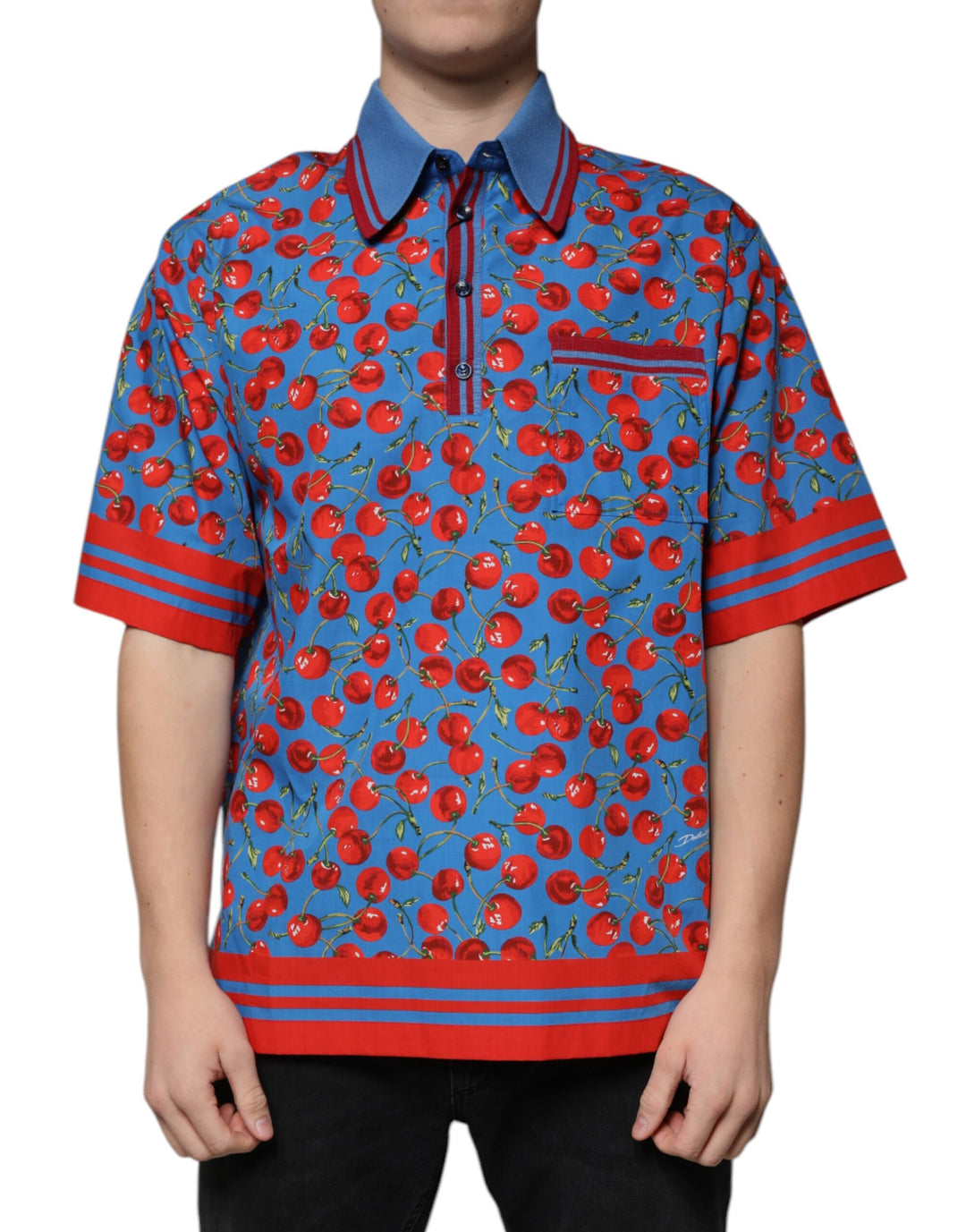 Dolce &amp; Gabbana Blue Cherry Cotton Collared Men Polo T-shirt by Dolce &amp; Gabbana outlet now on sale