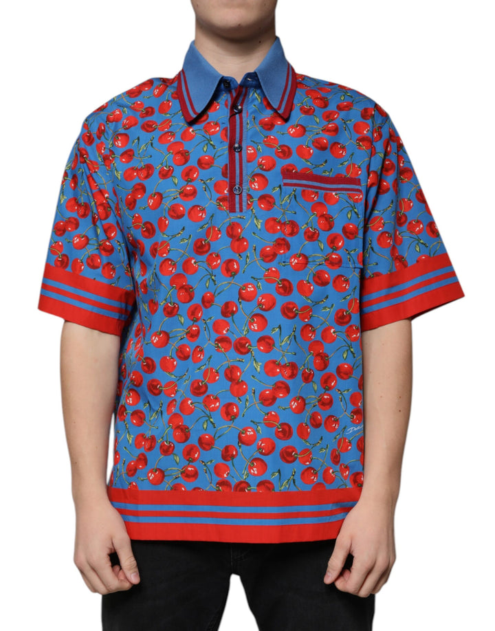 Dolce &amp; Gabbana Blue Cherry Cotton Collared Men Polo T-shirt by Dolce &amp; Gabbana outlet now on sale