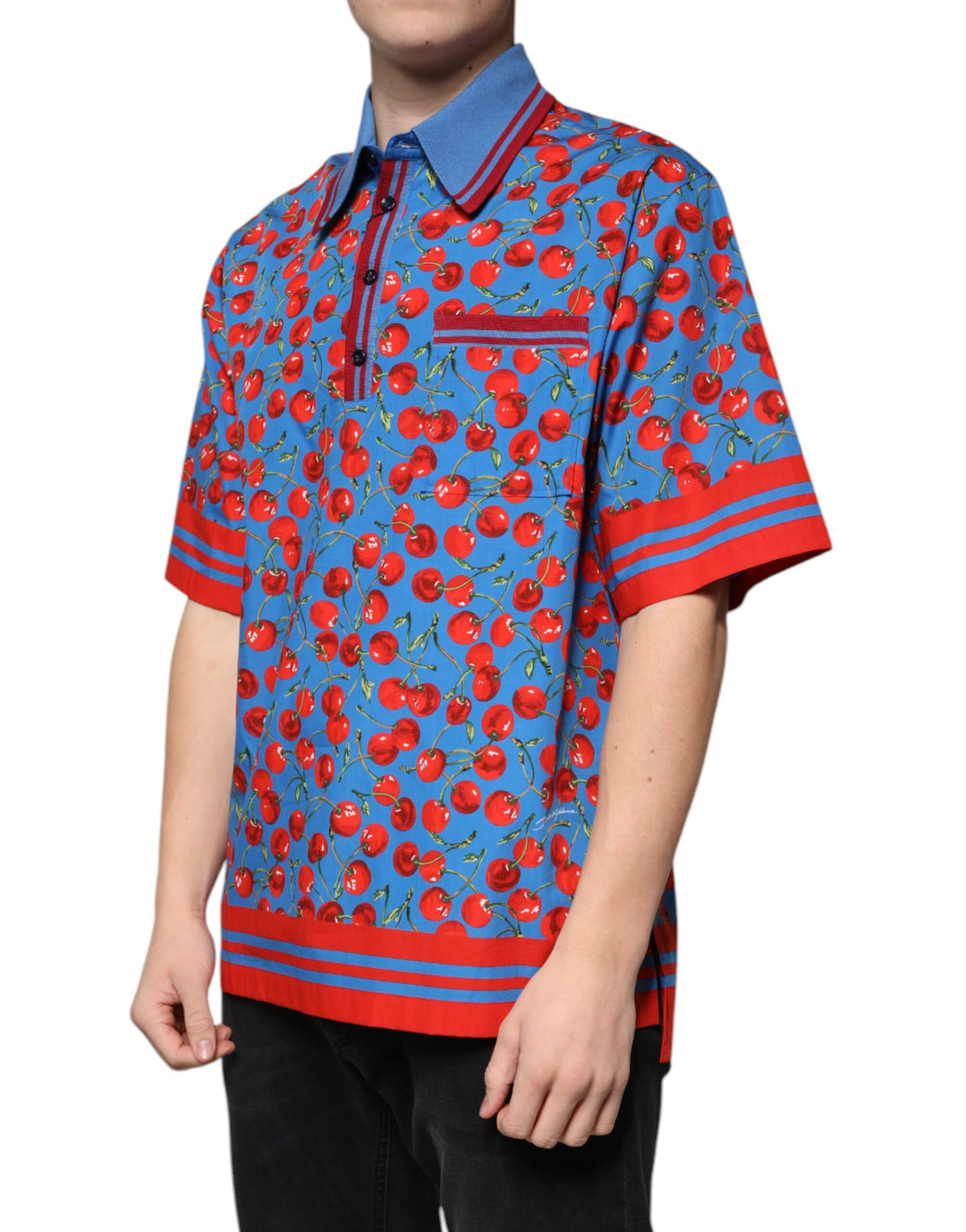 Dolce &amp; Gabbana Blue Cherry Cotton Collared Men Polo T-shirt by Dolce &amp; Gabbana outlet now on sale