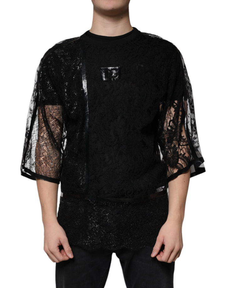 Dolce &amp; Gabbana Sample Sale Dolce &amp; Gabbana Black Nylon Floral Lace Crew Neck T-shirt - | Designer outlet