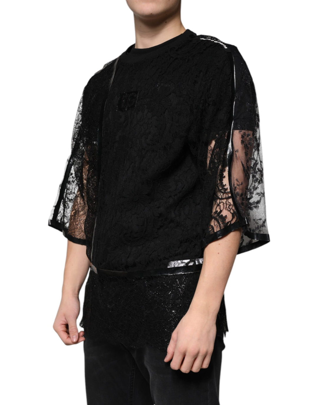 Dolce &amp; Gabbana Sample Sale Dolce &amp; Gabbana Black Nylon Floral Lace Crew Neck T-shirt - | Designer outlet