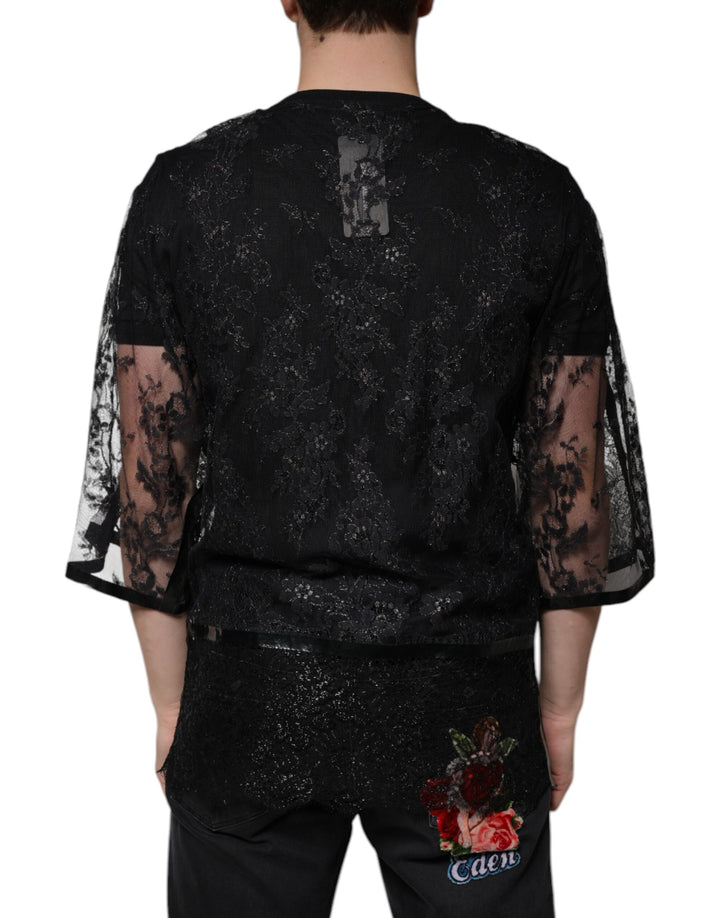 Dolce &amp; Gabbana Sample Sale Dolce &amp; Gabbana Black Nylon Floral Lace Crew Neck T-shirt - | Designer outlet