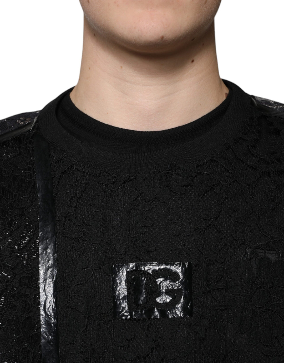 Dolce &amp; Gabbana Sample Sale Dolce &amp; Gabbana Black Nylon Floral Lace Crew Neck T-shirt - | Designer outlet