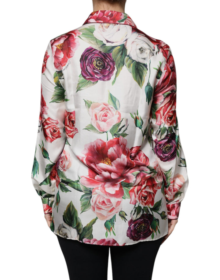 Dolce & Gabbana White Peony Silk Long Sleeves Collared Blouse Top