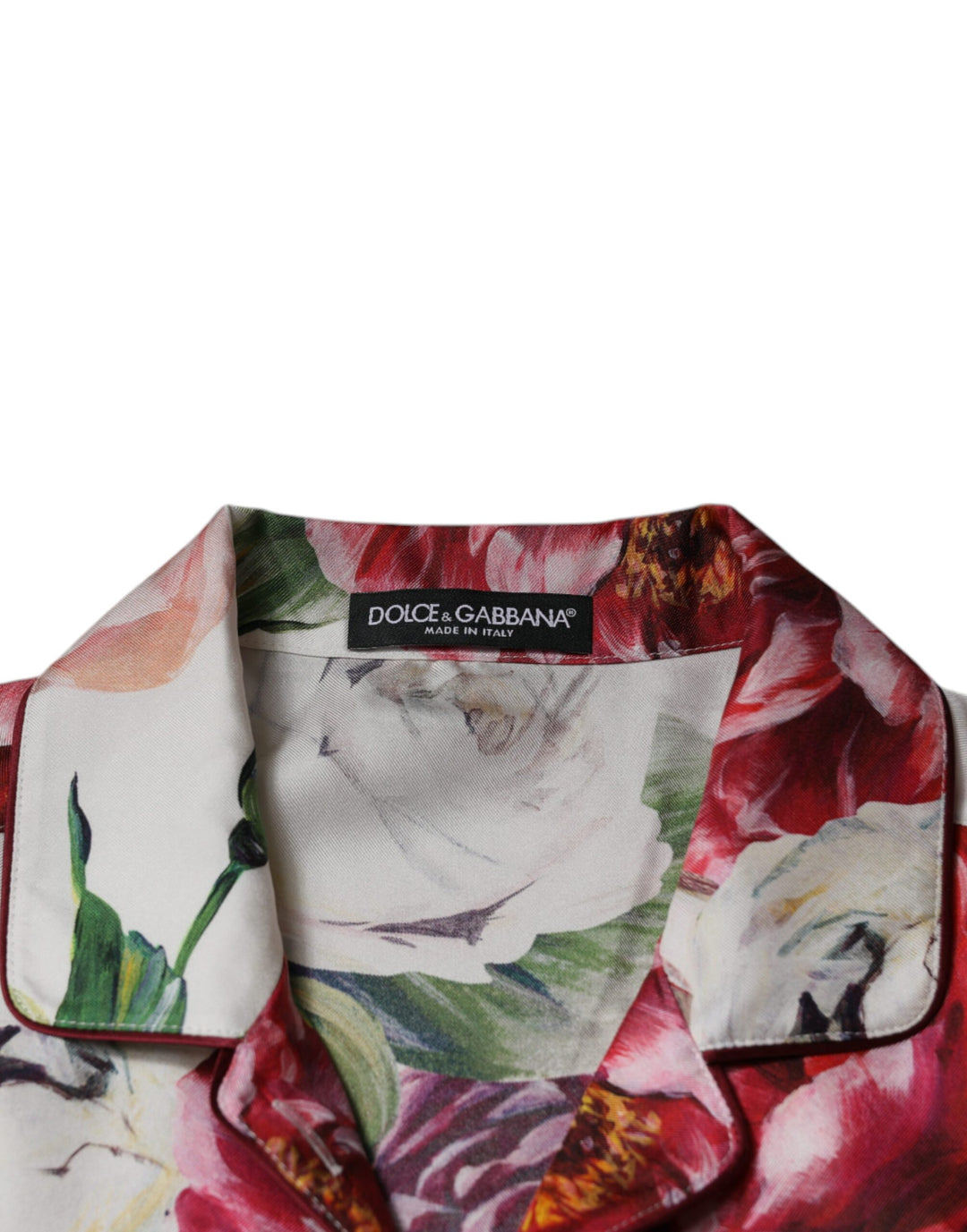 Dolce & Gabbana White Peony Silk Long Sleeves Collared Blouse Top