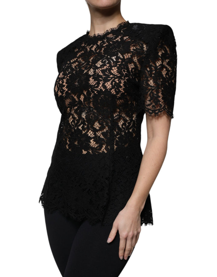 Dolce & Gabbana Black Floral Lace Short Sleeves Blouse Top