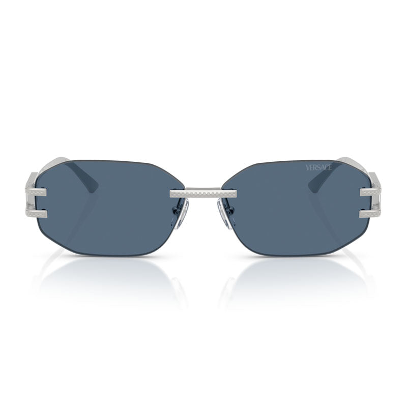 Versace Geometric Rimless, with a Silver frame and Dark Blue lens.