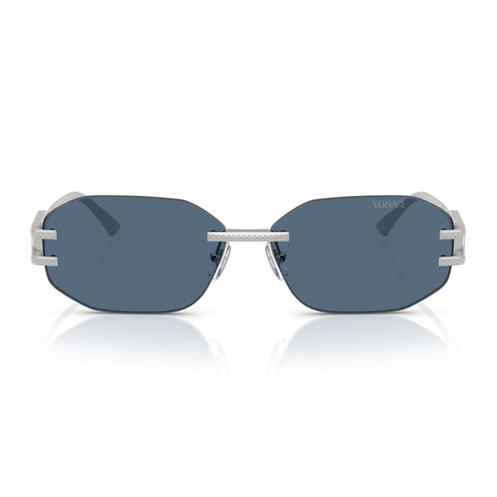 Versace Geometric Rimless, with a Silver frame and Dark Blue lens.