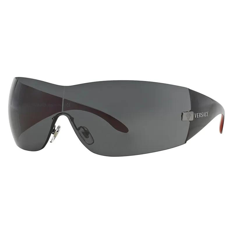 Versace Shield Rimless, with a Gunmetal frame and Dark Grey lens.