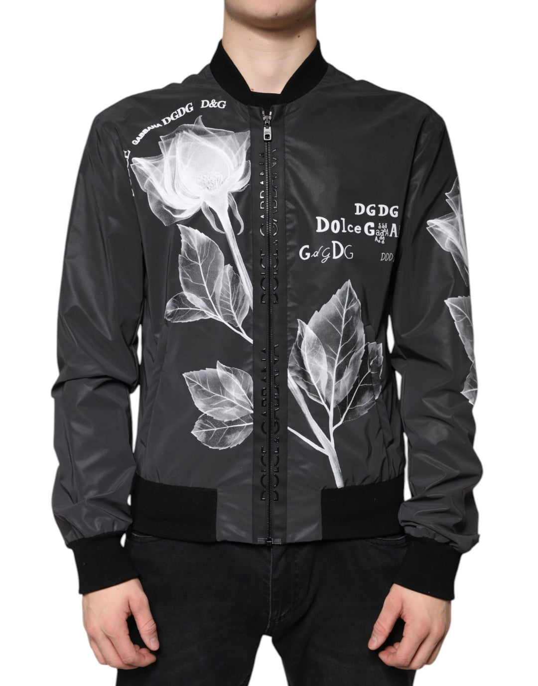 Dolce & Gabbana Black Floral Nylon Full Zip Bomber Jacket