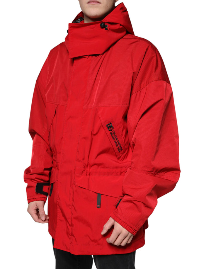 Dolce & Gabbana Red Nylon Hooded Men Full Zip Parka Jacket