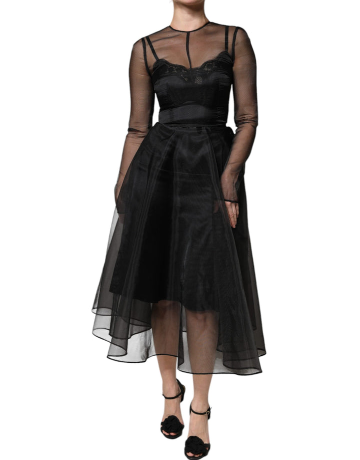 Dolce & Gabbana Black Tulle A-line Midi Cocktail Gown Dress