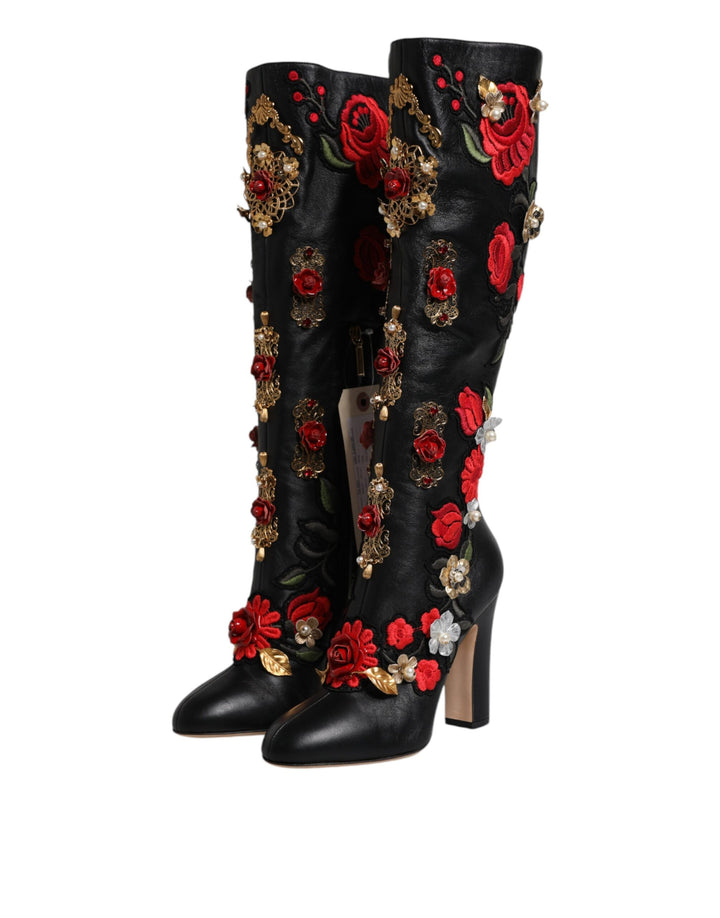 Dolce & Gabbana Black Roses Embellished Leather Heel Boots Shoes