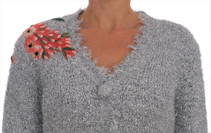 Dolce & Gabbana Silver Cardigan Floral Applique Sweater by Dolce & Gabbana outlet now on sale