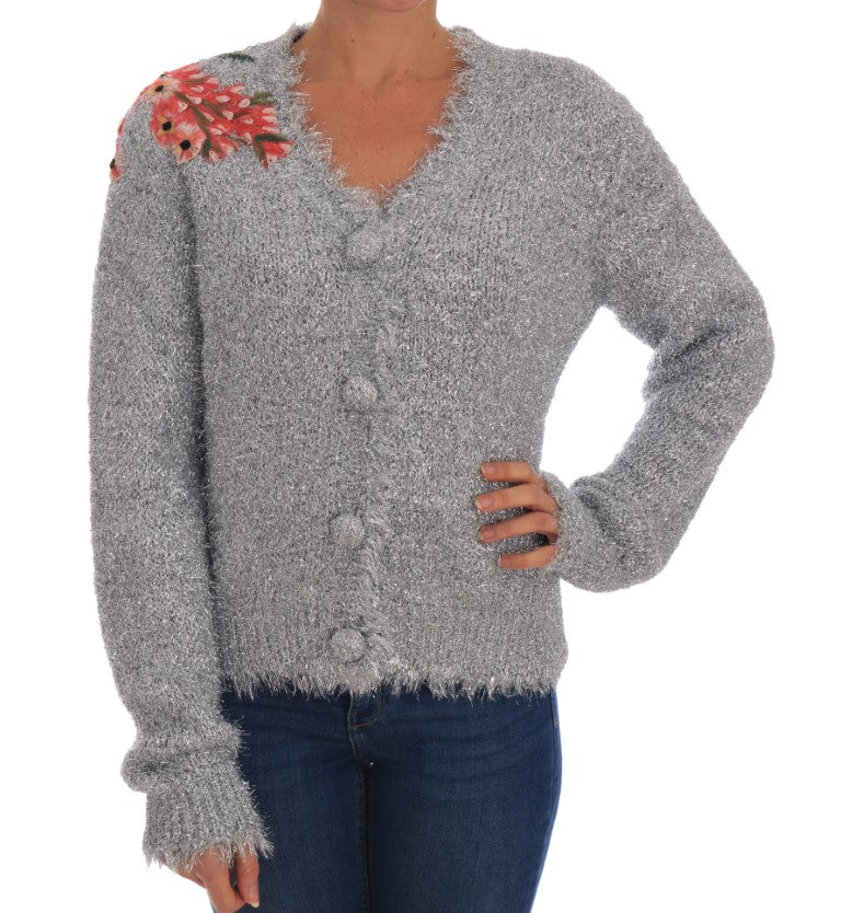 Dolce & Gabbana Silver Cardigan Floral Applique Sweater by Dolce & Gabbana outlet now on sale