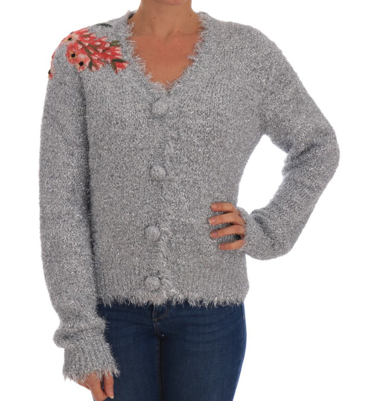 Dolce & Gabbana Silver Cardigan Floral Applique Sweater by Dolce & Gabbana outlet now on sale
