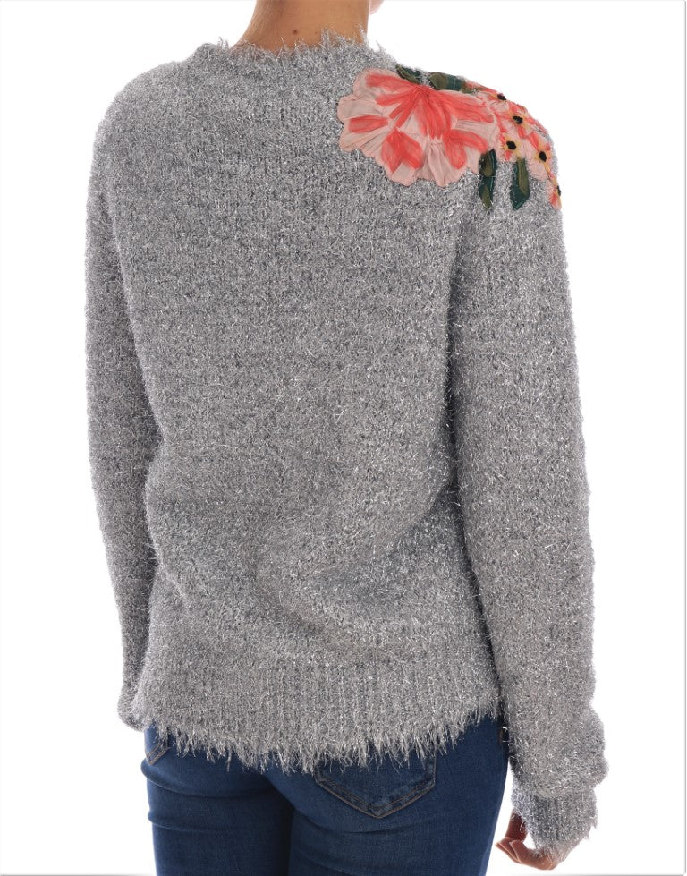 Dolce & Gabbana Silver Cardigan Floral Applique Sweater by Dolce & Gabbana outlet now on sale