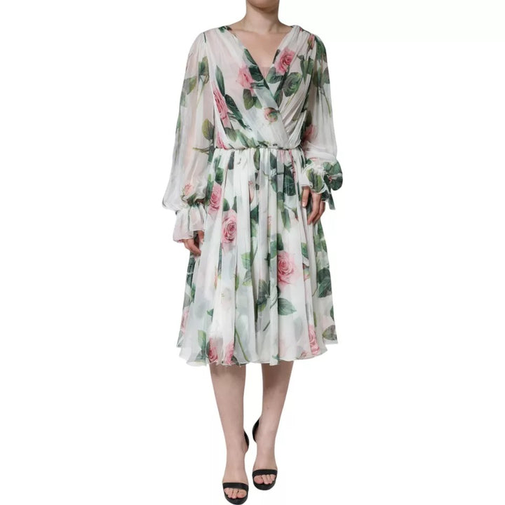 Dolce & Gabbana White Silk Floral Print A-line Midi Dress