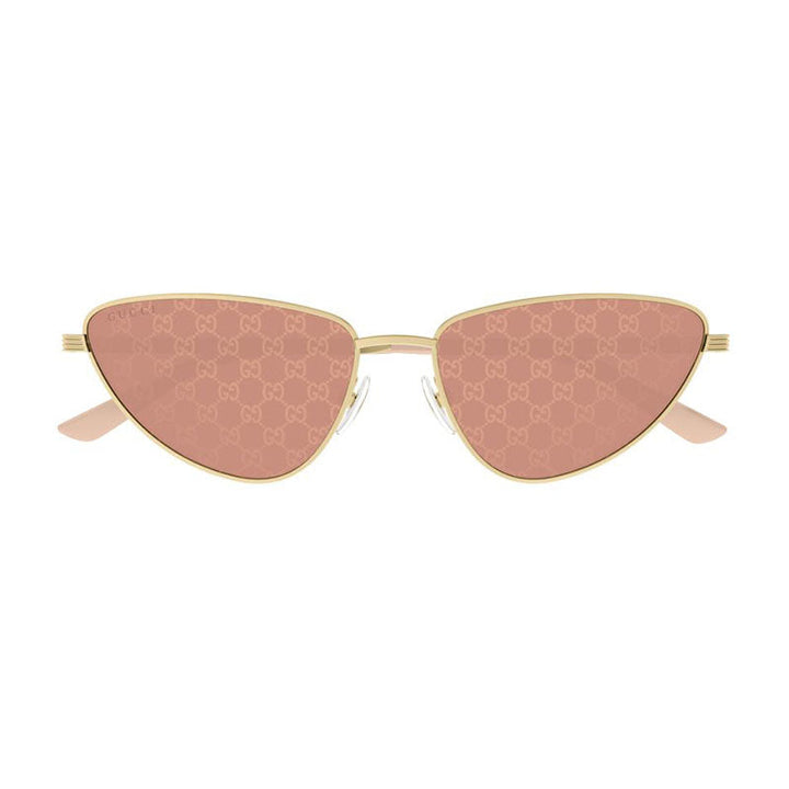 Gucci Cat Eye Full Rim, with a Gold frame and Red with Gucci Logo Pattern Detail lens.