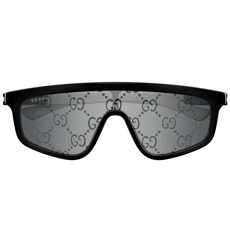 Gucci Sunglasses Shield Full Rim, Black/grey Frame And Smoke With Gg Pattern Silver Mirror Lens Gg1736S003