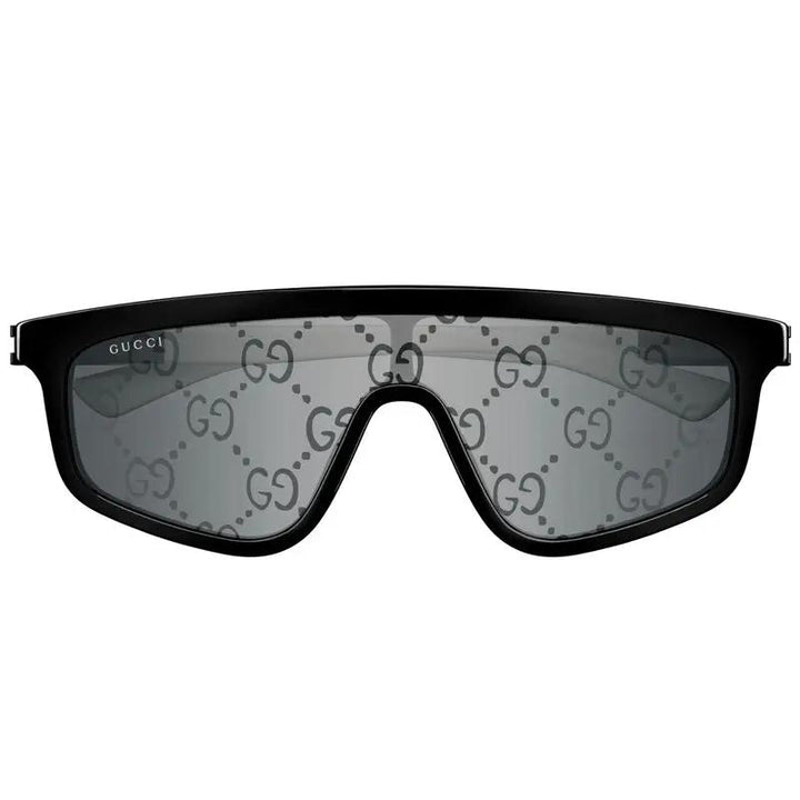 Gucci Sunglasses Shield Full Rim, Black/grey Frame And Smoke With Gg Pattern Silver Mirror Lens Gg1736S003