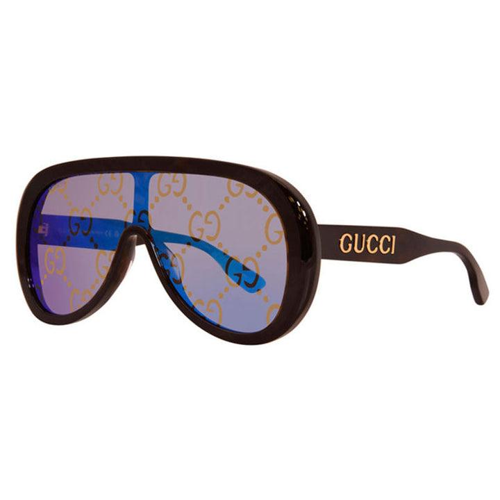 Gucci Shield Full Rim, with a Havana frame and Blue Mirror with Pattern lens.