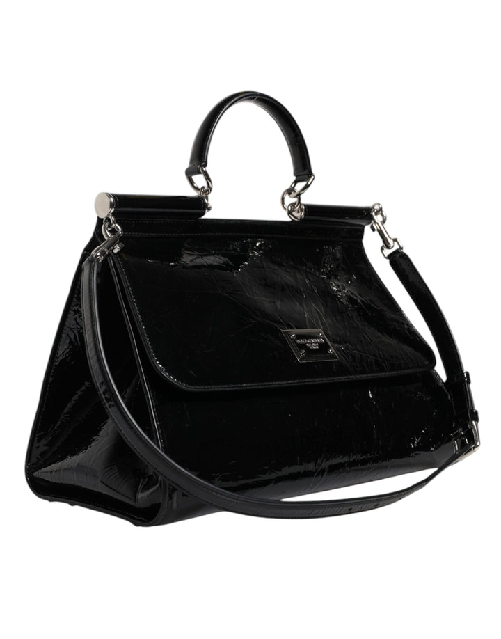 Dolce & Gabbana Black Leather SICILY Logo Top Handle Shoulder Bag