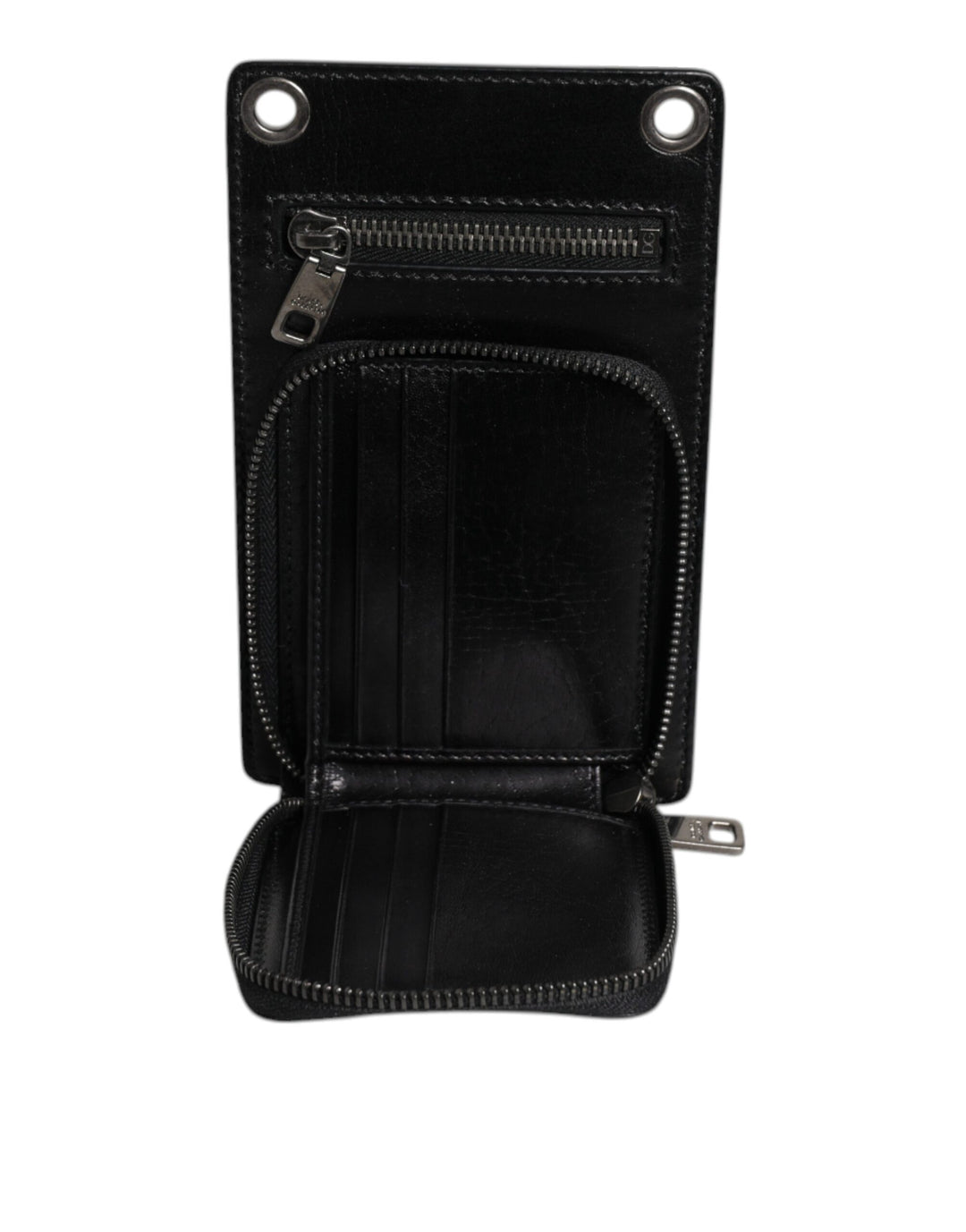 Dolce & Gabbana Black Horse Leather Zip Logo Shoulder Neck Strap Wallet