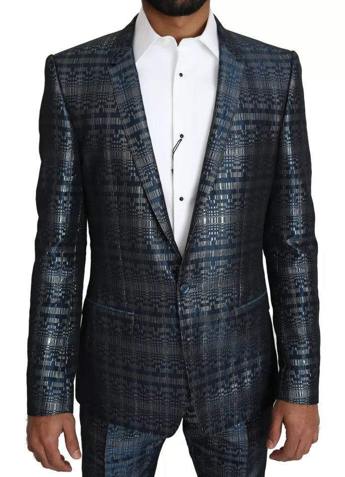 Dolce & Gabbana Blue Silver Shiny 2 Piece Slim GOLD Suit