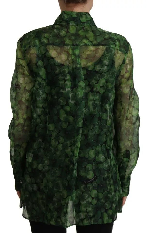 Dolce & Gabbana Green Clover Print Long Sleeves Collared Top Blouse