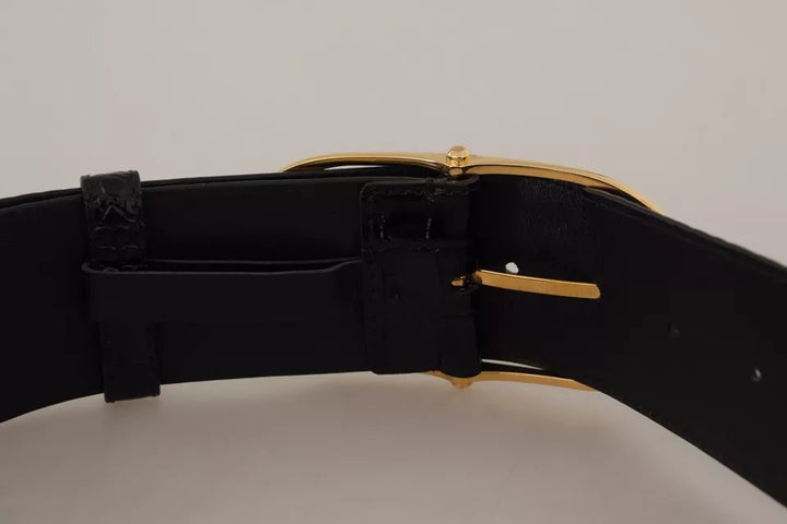 Dolce & Gabbana Black Wide Embossed Leather Gold Metal Buckle Belt