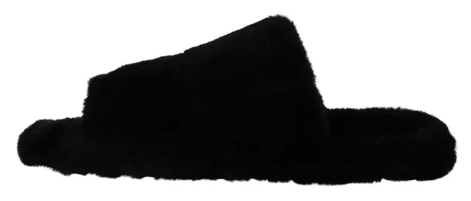 Dolce &amp; Gabbana Sample Sale | Dolce &amp; Gabbana Black Polyester Faux Fur Mens Flats Sandals Shoes - | Designer outlet
