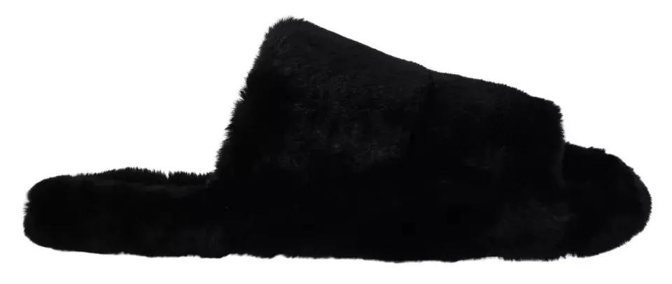 Dolce &amp; Gabbana Sample Sale | Dolce &amp; Gabbana Black Polyester Faux Fur Mens Flats Sandals Shoes - | Designer outlet