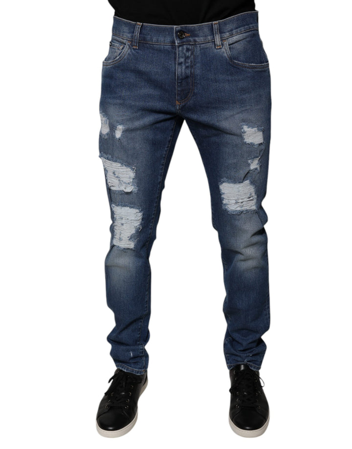 Dolce &amp; Gabbana Blue Cotton Tattered Skinny Denim Jeans by Dolce &amp; Gabbana outlet now on sale