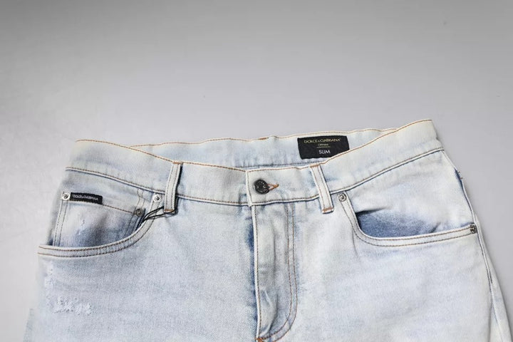 Dolce &amp; Gabbana Sample Sale Dolce &amp; Gabbana Light Blue Cotton Blend Tattered Skinny Denim Jeans - | Designer outlet