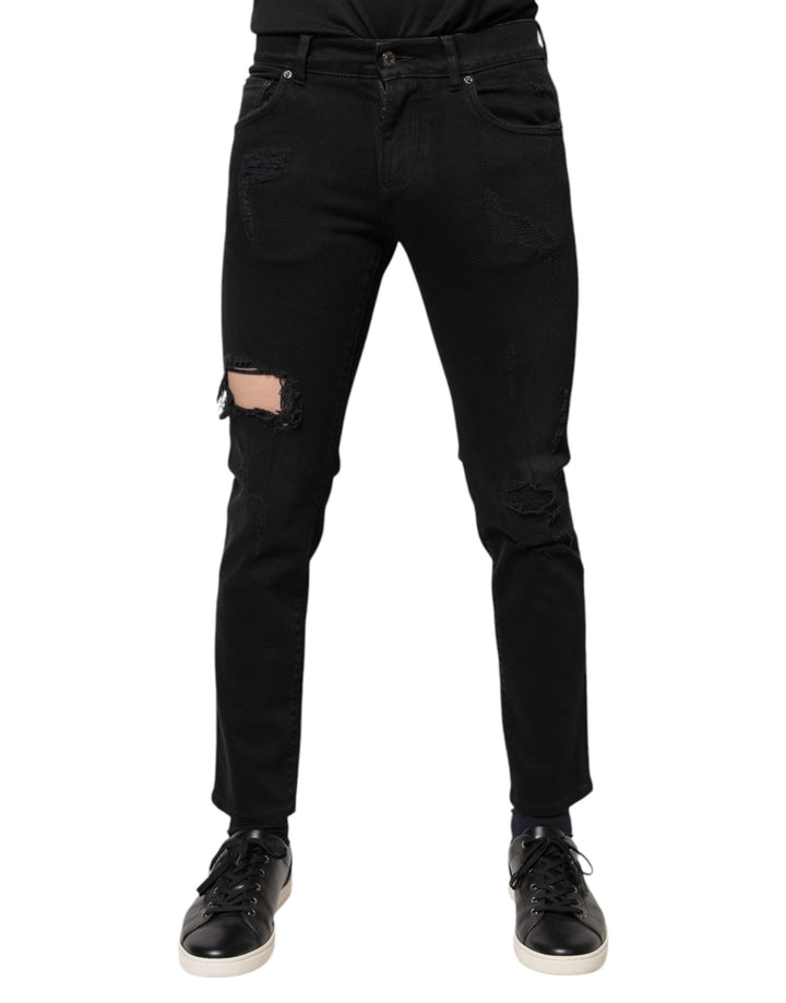 Dolce &amp; Gabbana Sample Sale Dolce &amp; Gabbana Black Cotton Tattered Skinny Denim Logo Jeans - | Designer outlet