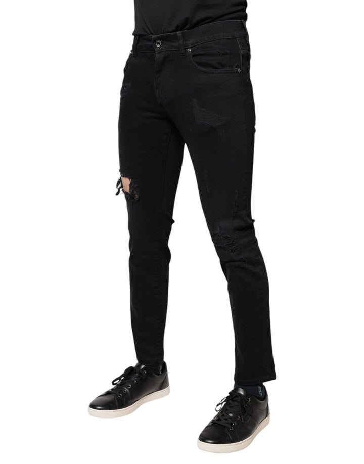 Dolce &amp; Gabbana Sample Sale Dolce &amp; Gabbana Black Cotton Tattered Skinny Denim Logo Jeans - | Designer outlet