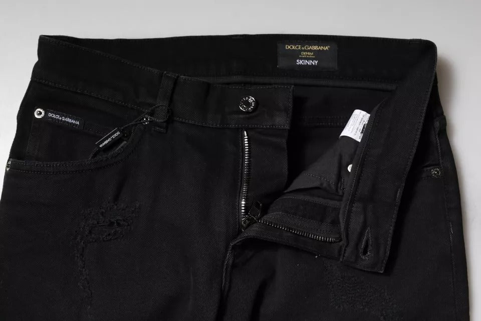 Dolce &amp; Gabbana Sample Sale Dolce &amp; Gabbana Black Cotton Tattered Skinny Denim Logo Jeans - | Designer outlet