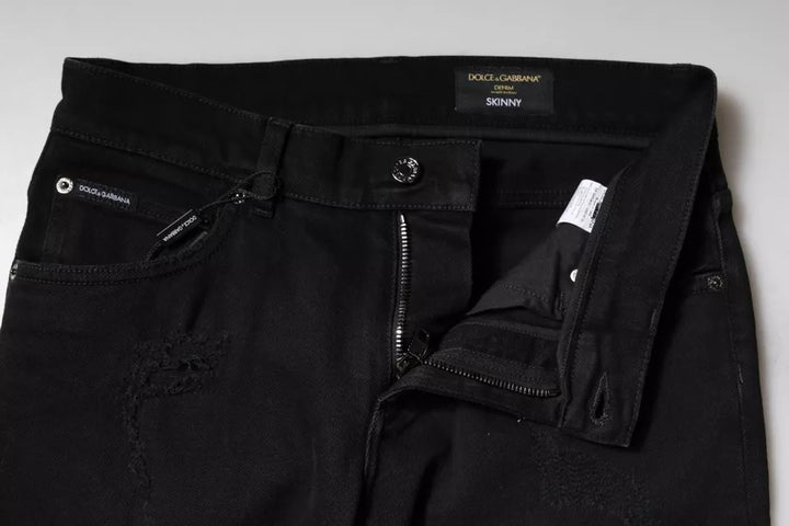 Dolce &amp; Gabbana Sample Sale Dolce &amp; Gabbana Black Cotton Tattered Skinny Denim Logo Jeans - | Designer outlet