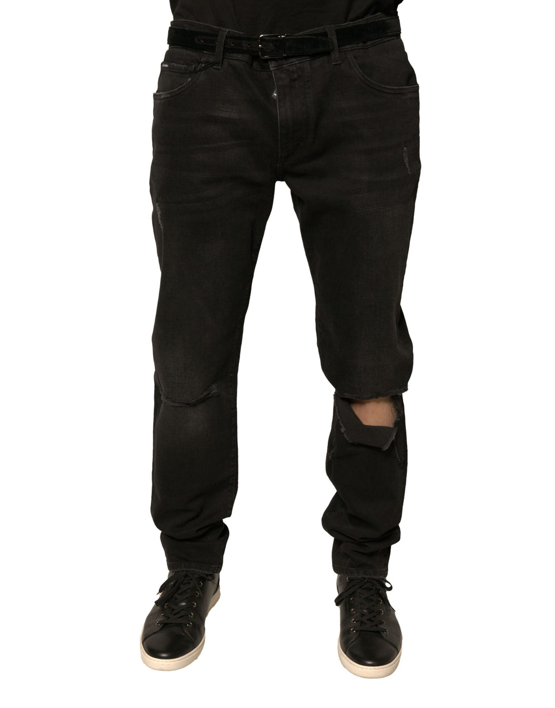 Dolce &amp; Gabbana Sample Sale Dolce &amp; Gabbana Black Ripped Logo Cotton Skinny Denim Jeans - | Designer outlet