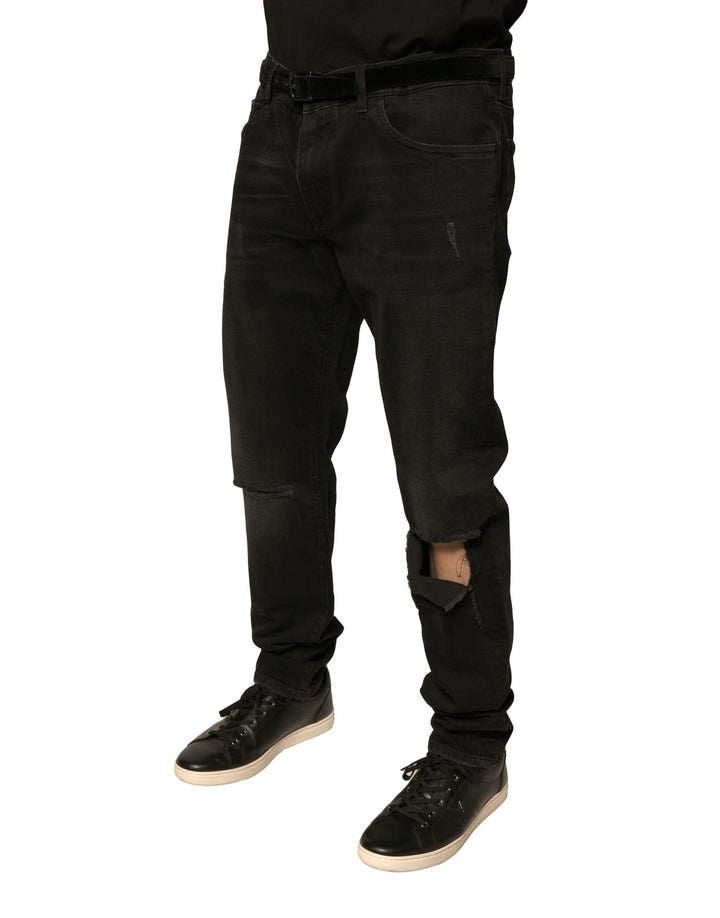 Dolce &amp; Gabbana Sample Sale Dolce &amp; Gabbana Black Ripped Logo Cotton Skinny Denim Jeans - | Designer outlet