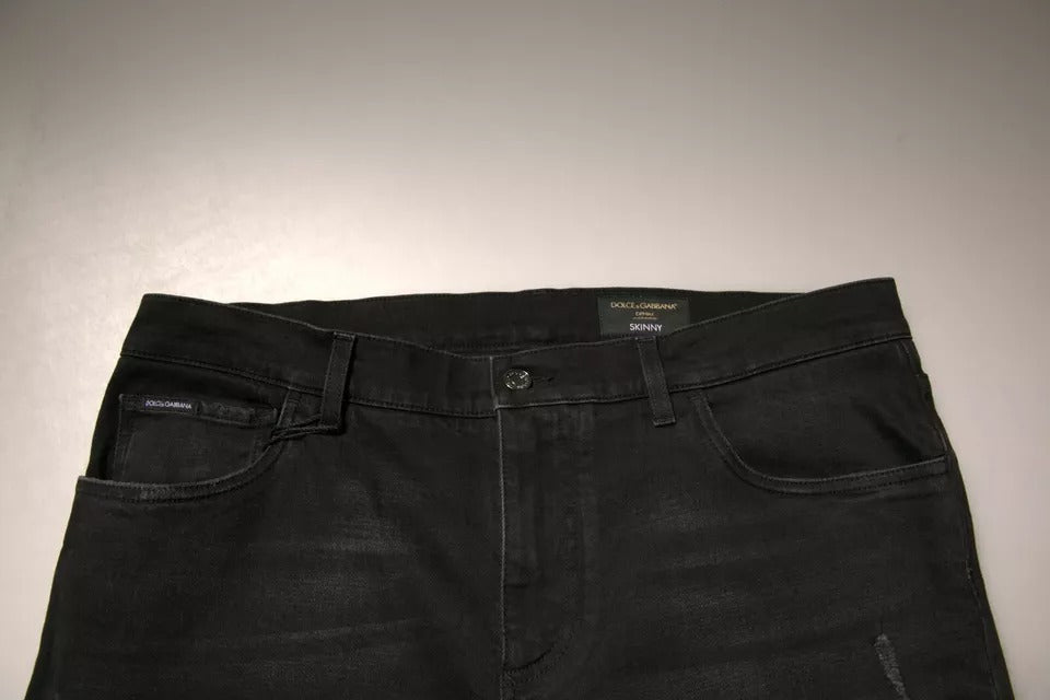 Dolce &amp; Gabbana Sample Sale Dolce &amp; Gabbana Black Ripped Logo Cotton Skinny Denim Jeans - | Designer outlet