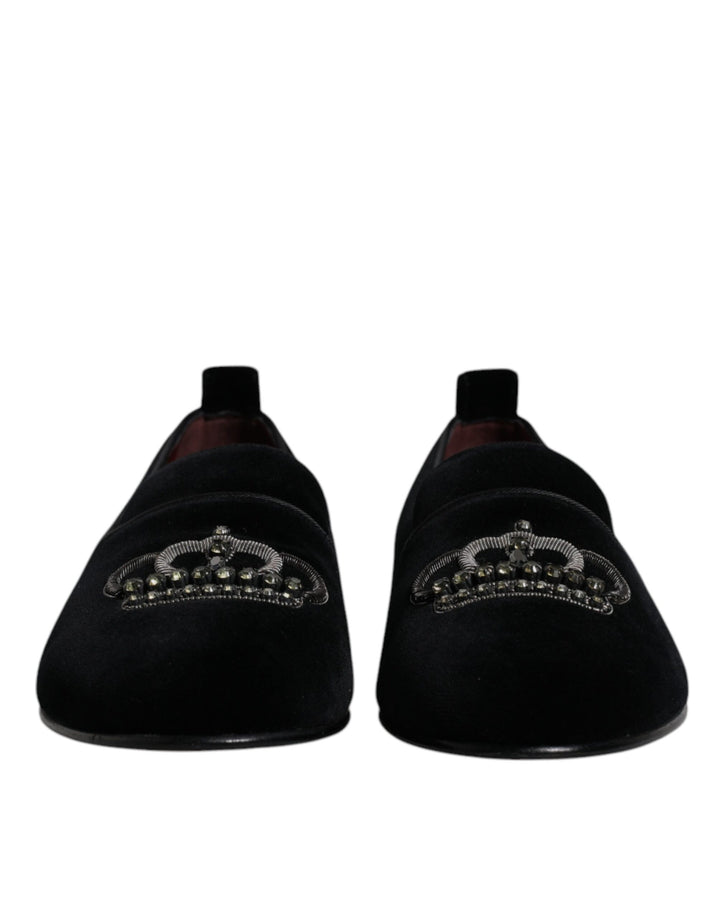 Dolce &amp; Gabbana Sample Sale Dolce &amp; Gabbana Black Velvet Crystal Crown Loafers Formal Dress Shoes - | Designer outlet