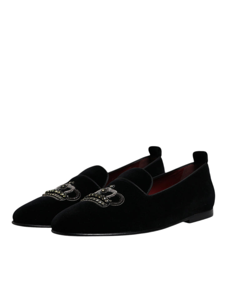 Dolce &amp; Gabbana Sample Sale Dolce &amp; Gabbana Black Velvet Crystal Crown Loafers Formal Dress Shoes - | Designer outlet