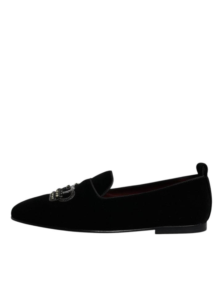 Dolce &amp; Gabbana Sample Sale Dolce &amp; Gabbana Black Velvet Crystal Crown Loafers Formal Dress Shoes - | Designer outlet