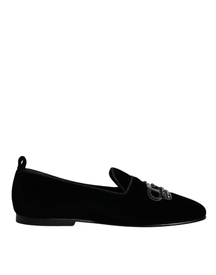 Dolce &amp; Gabbana Sample Sale Dolce &amp; Gabbana Black Velvet Crystal Crown Loafers Formal Dress Shoes - | Designer outlet