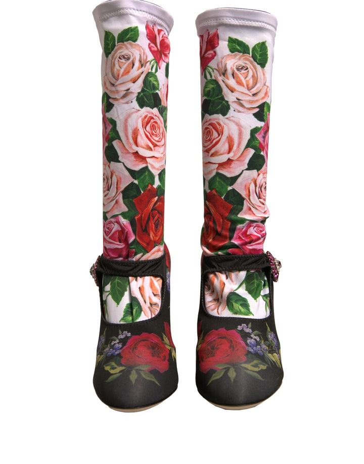 Dolce & Gabbana Black Floral Socks Crystal Boots Jersey Shoes