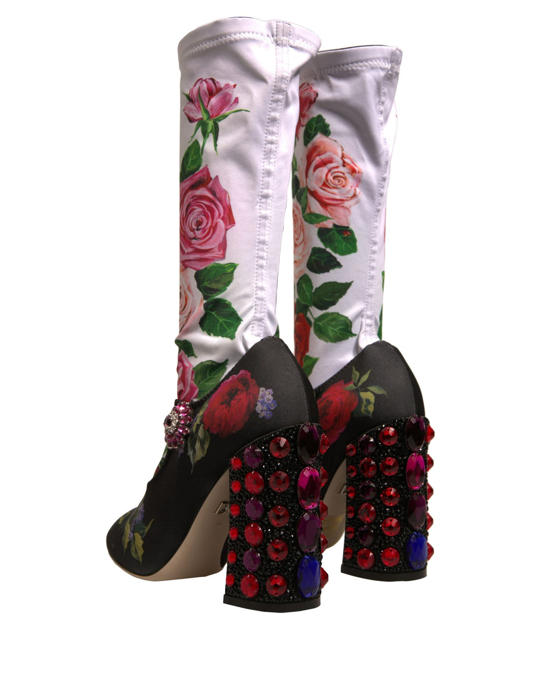 Dolce & Gabbana Black Floral Socks Crystal Boots Jersey Shoes